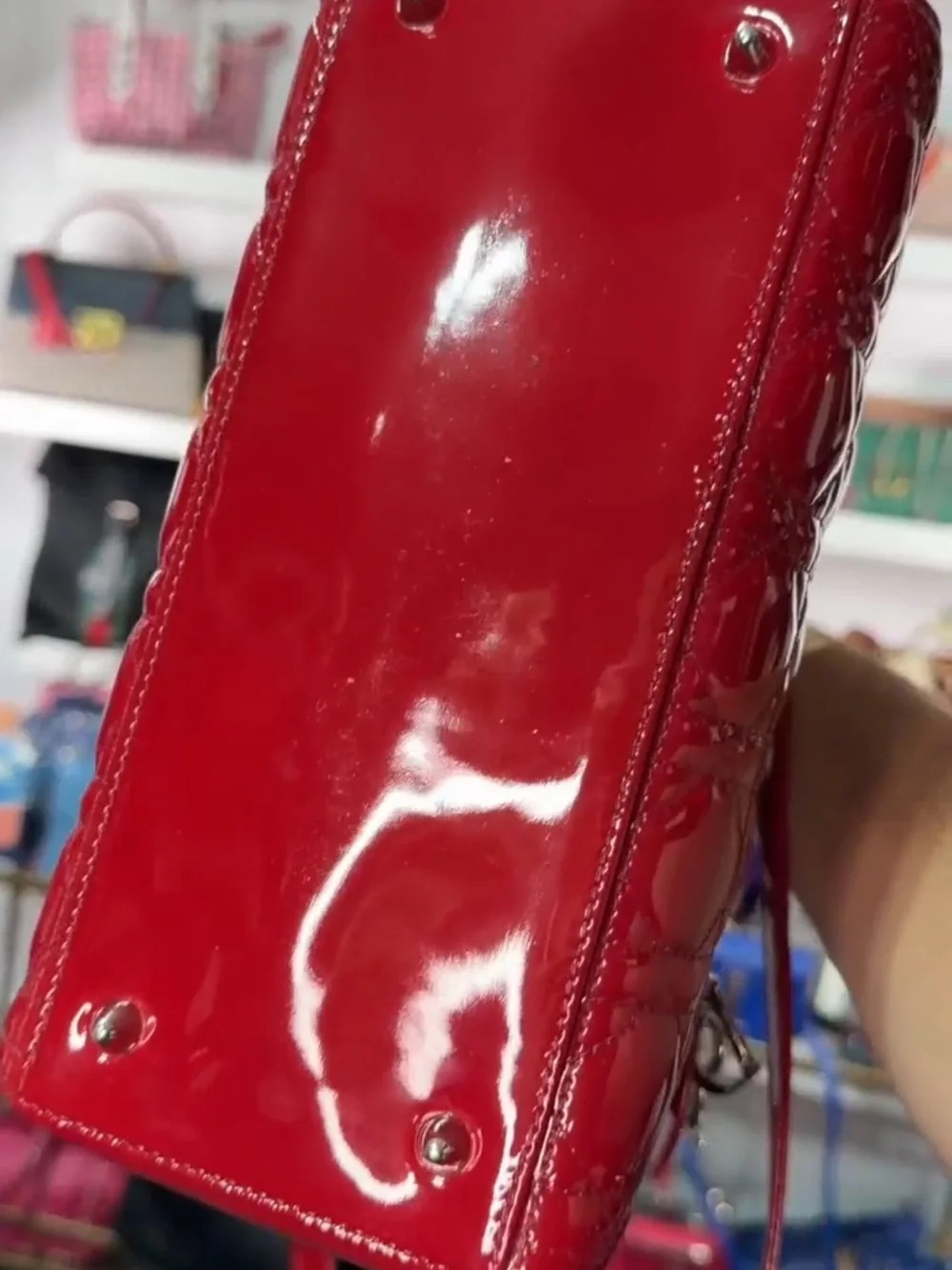 Dior Red Patent Lady Dior Satchel with Silver Hardware
